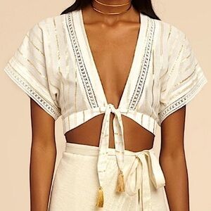 Miguelina Saanchi Cropped Striped Metallic Cotton Gauze Tie Front Tassel Top S‎